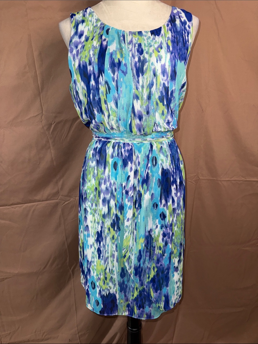 Apt. 9 Blue, Aqua & Lime Watercolor Print Midi Dress- LARGE